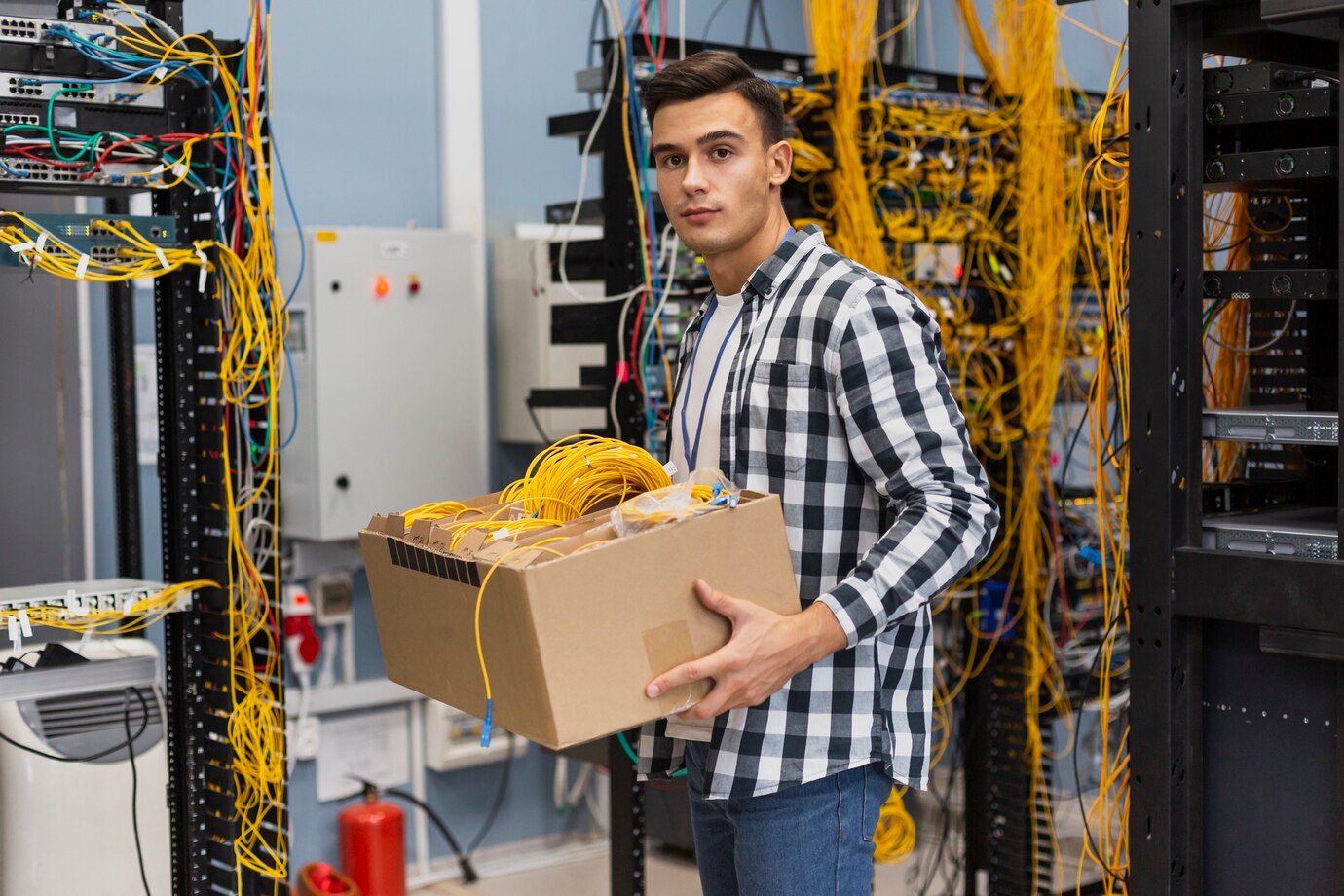 Technician holding network cables.